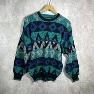 Vintage Michael Gerald Sweater Boy XL 20 Green Black Knit Geometric Cosby Coogi‎